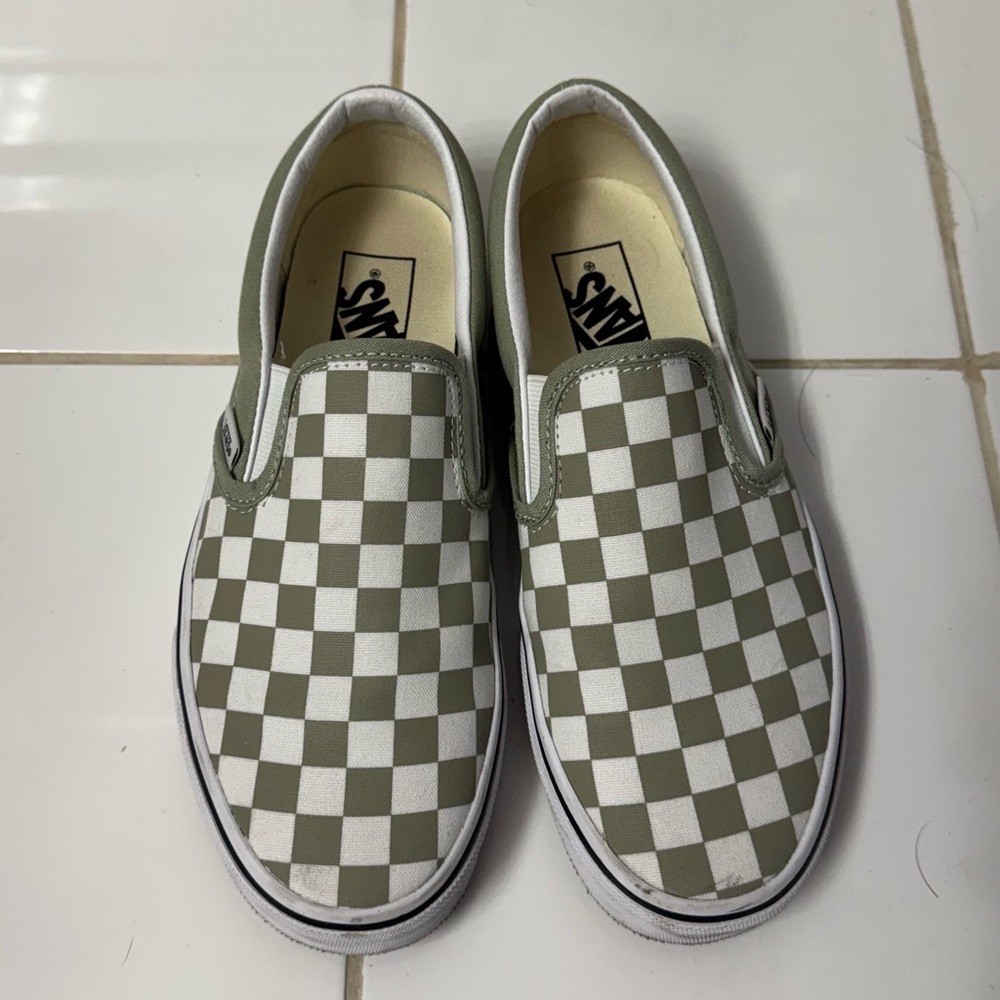 Vans Green and White Checkerboard Slip-Ons